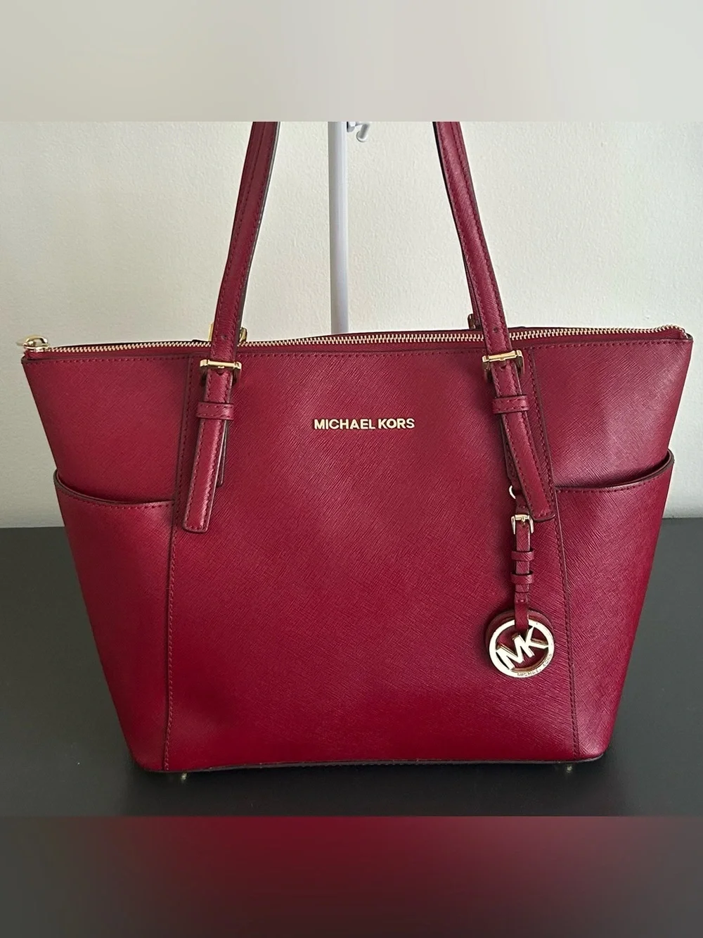 Michael Kors Burgundy Saffiano Leather Large Zip Tote Shoulder Work Bag